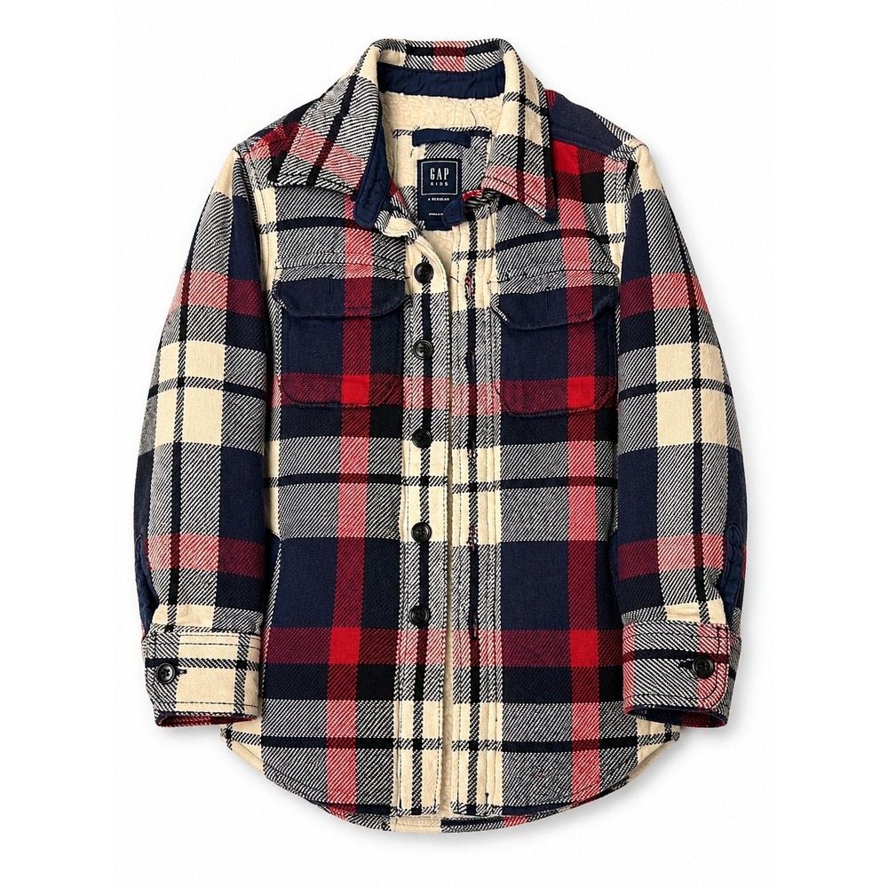 Gap Kids Boys Red Navy Blue‎ Plaid Sherpa Lined Flannel Shirt Jacket 6-7
